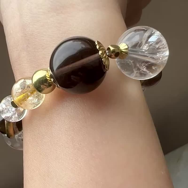 ||金絲|| 新沉靜脈輪能量招財手環。白幽靈/黃水晶/茶晶/白水晶 - 手鍊/手環 - 水晶 金色