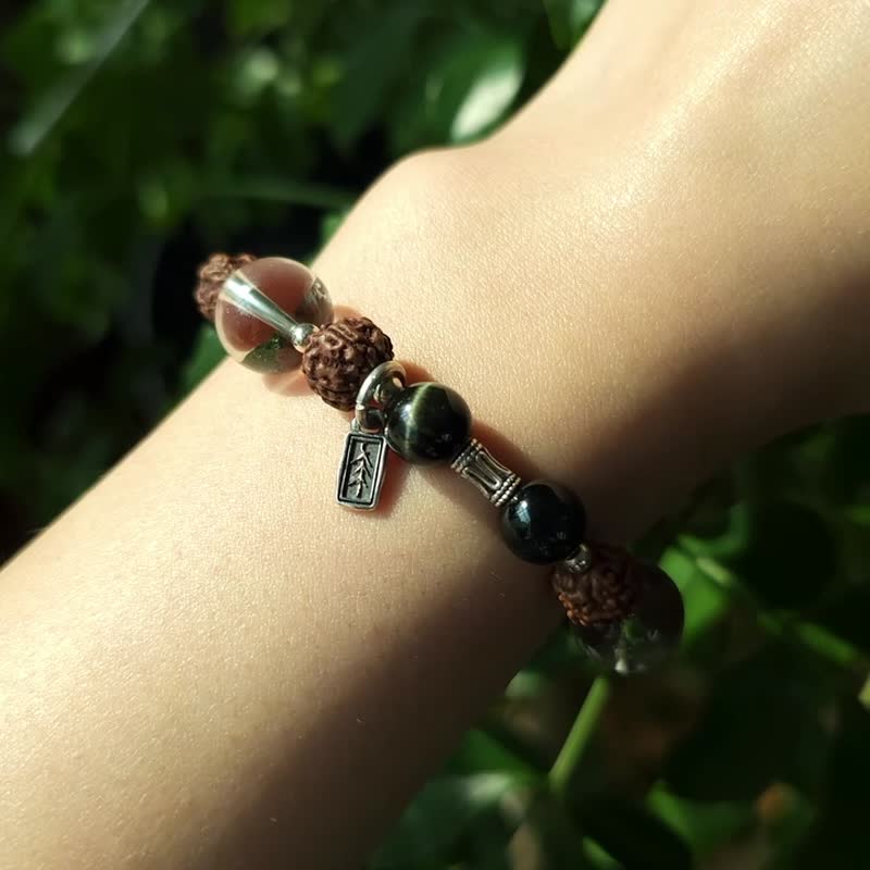 Protection Bracelet 925 Silver Himalayan Quartz Rudraksha Black Tiger's Eye - 手鍊/手環 - 寶石 橘色