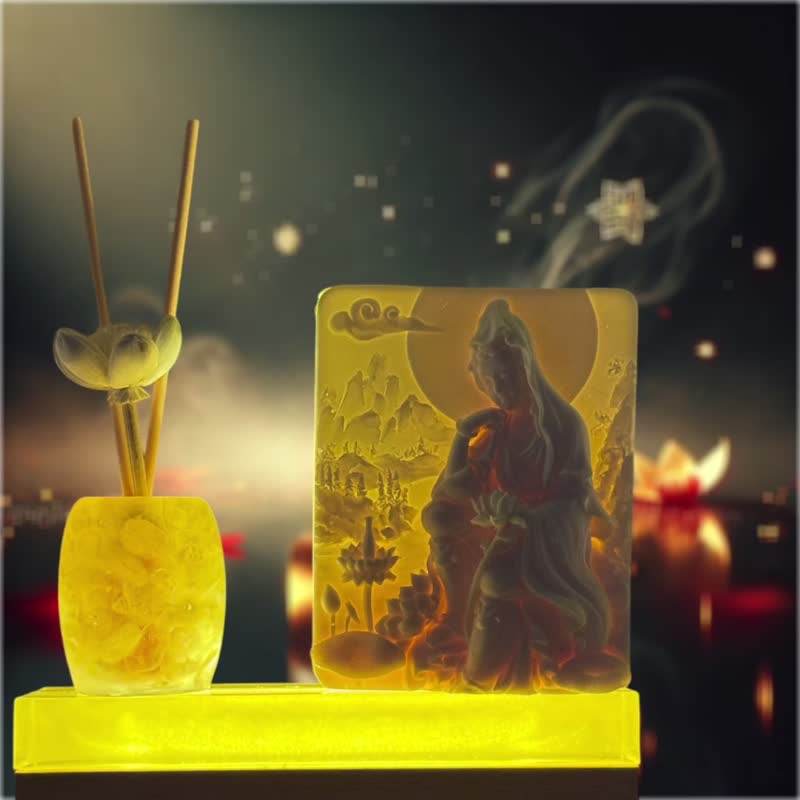 Pure Thoughts and Good Luck Crystal Incense Diffuser Lamp Holder Citrine Guanyin Buddhist Art (1) Compound Essential Oil for Lucky Year of the Snake - โคมไฟ - เรซิน สีเหลือง