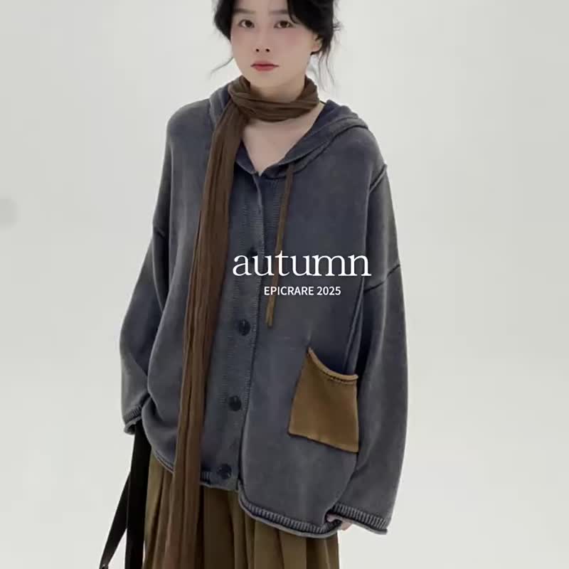 深藍色 水洗做舊連帽開衫 文藝復古寬鬆帽衫外套 - 女大衣/外套 - 棉．麻 藍色