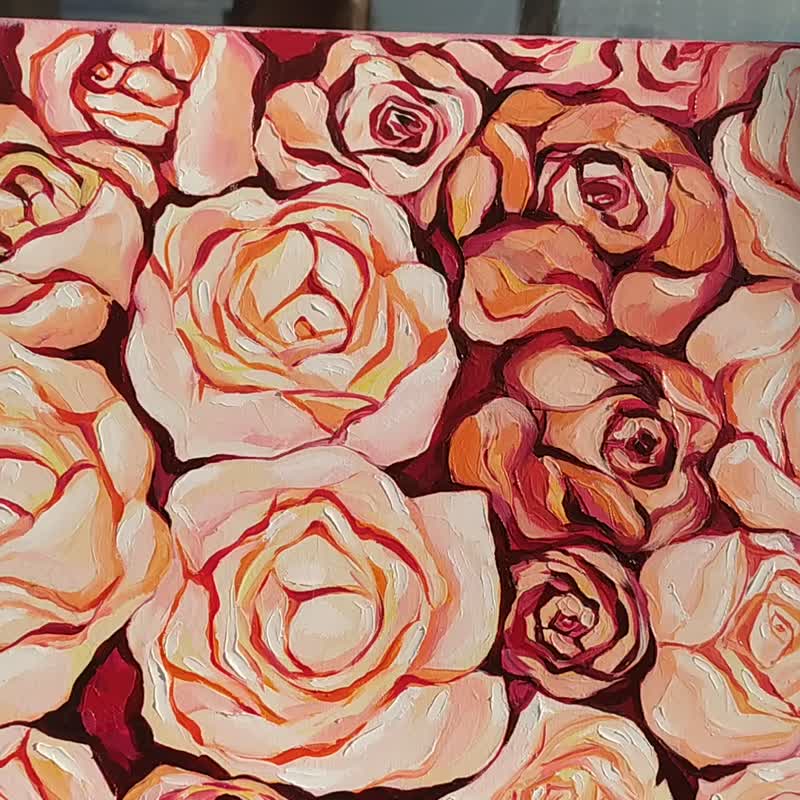キャンバス上の夏のバラのピンクの花の油絵インパスト技法印象派