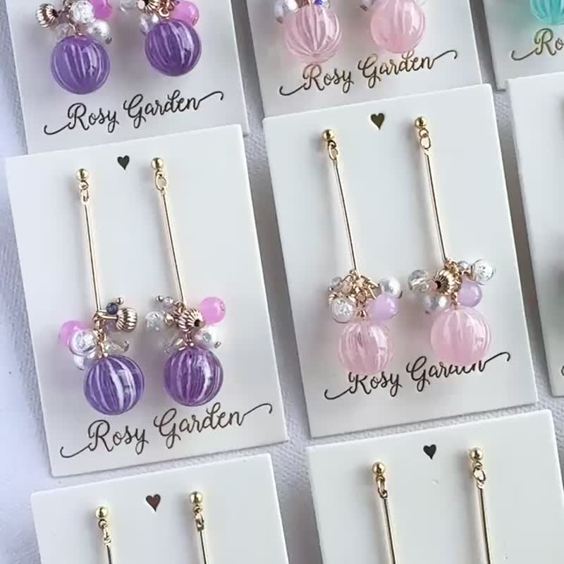Rosy Garden 和風手鞠糖水晶球長款耳環 可換耳夾 - 耳環/耳夾/耳骨夾 - 玻璃 紫色
