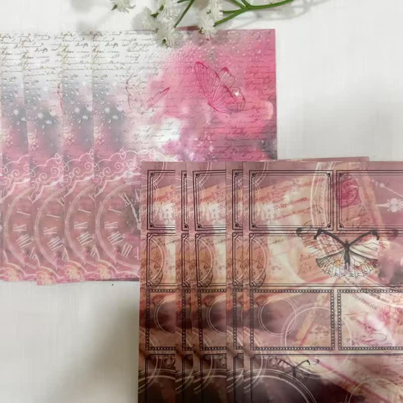 Soojinia-Pink butterfly and clock stickers 10pcs - 貼紙 - 紙 
