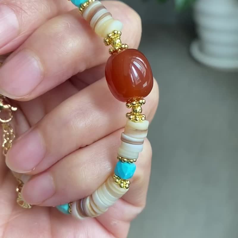 Dunhuang series red agate and shell turquoise bracelet - สร้อยข้อมือ - คริสตัล หลากหลายสี