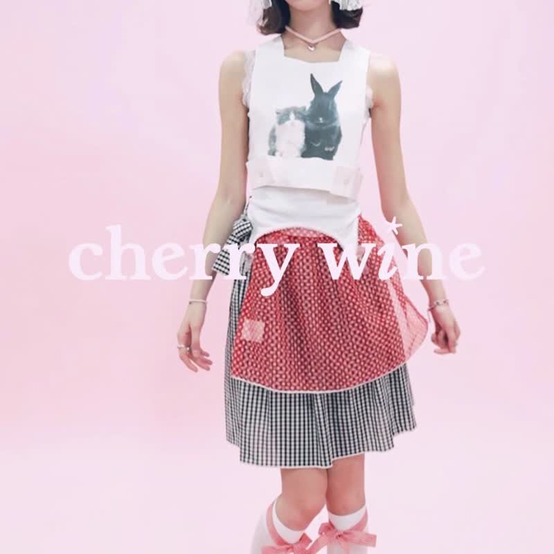 Cherrywine Twin Gemini Combination Skirt Red and Black Plaid Independent Apron Retro Girl Summer Style - Skirts - Cotton & Hemp Red