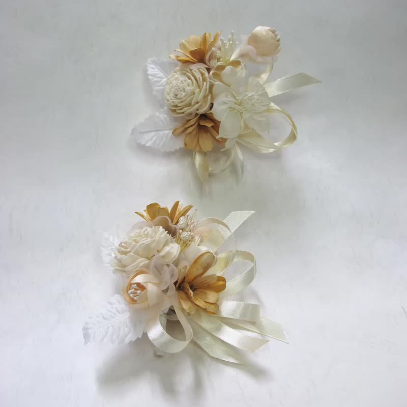 2朵1組黃色系手作花,胸花,布紗花,手腕花,禮服花,婚宴配飾,舞台花 - 胸花/手腕花 - 聚酯纖維 綠色