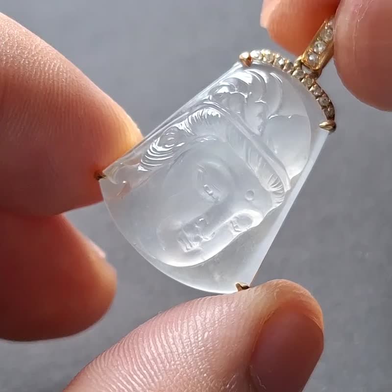 精品觀音吊墜 | 天然緬甸翡翠玉器 | 通體18k淺金色真金真鑽鑲嵌 - 鎖骨鍊 - 玉石 白色