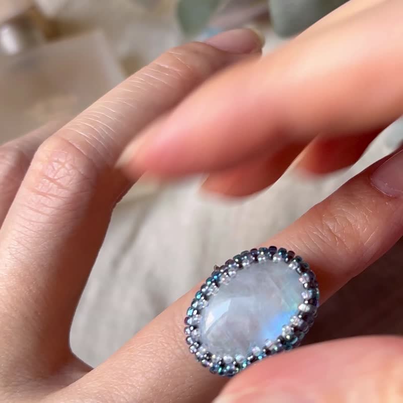 Stone retro personalized freely adjustable glass rice beaded ring - General Rings - Crystal Blue