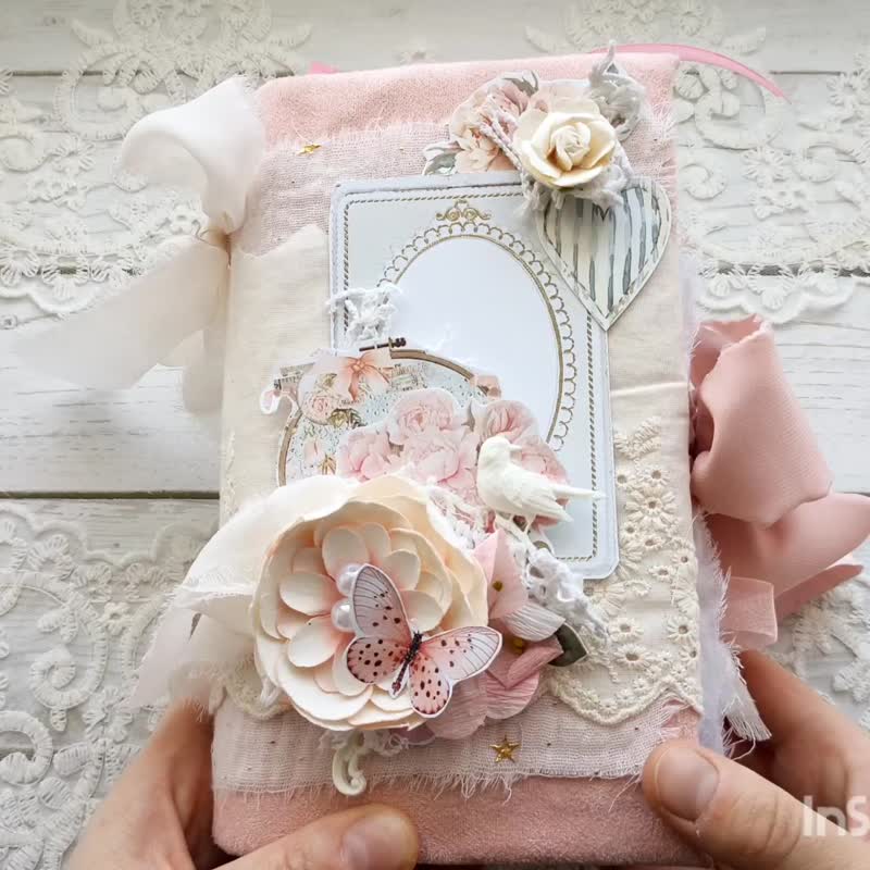 Pink lace flower garden junk journal handmade Shabby chic butterfly notebook - 筆記本/手帳 - 紙 粉紅色