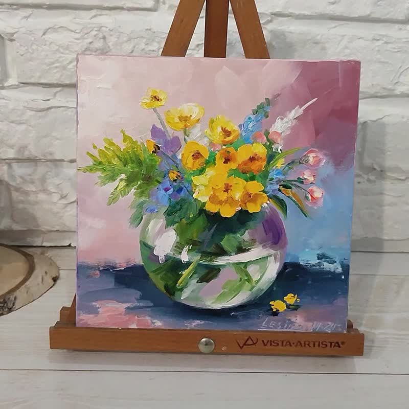 Wild Flowers Painting Flower Original Art Still life Oil Artwork Bouquet Flowers - ตกแต่งผนัง - วัสดุอื่นๆ สีเหลือง