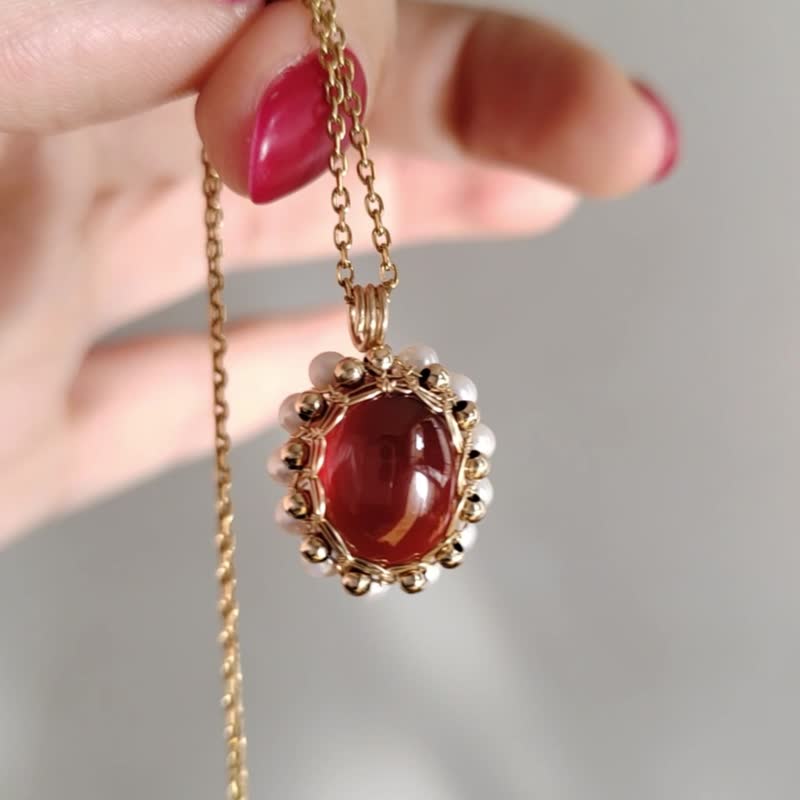 Vintage Garnet pearl necklace red Garnet Pendant Crystal charm Necklace for her - สร้อยคอ - เครื่องประดับพลอย สีทอง