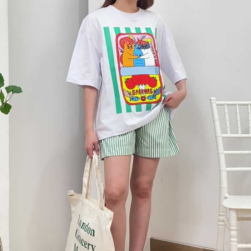 趣味沙丁魚罐頭貓咪睡衣組 100% 純棉，海濱主題睡衣，鹹味海灘襯衫，條紋長褲，貓咪愛好者禮物 - 睡衣/家居服 - 棉．麻 綠色