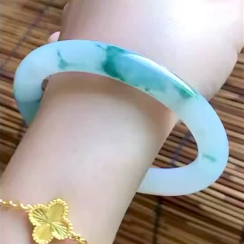 冰種 天然翡翠 緬甸 A玉 玉鐲 • 冰種藍飄花翡翠圓鐲 - 手鍊/手環 - 玉石 藍色