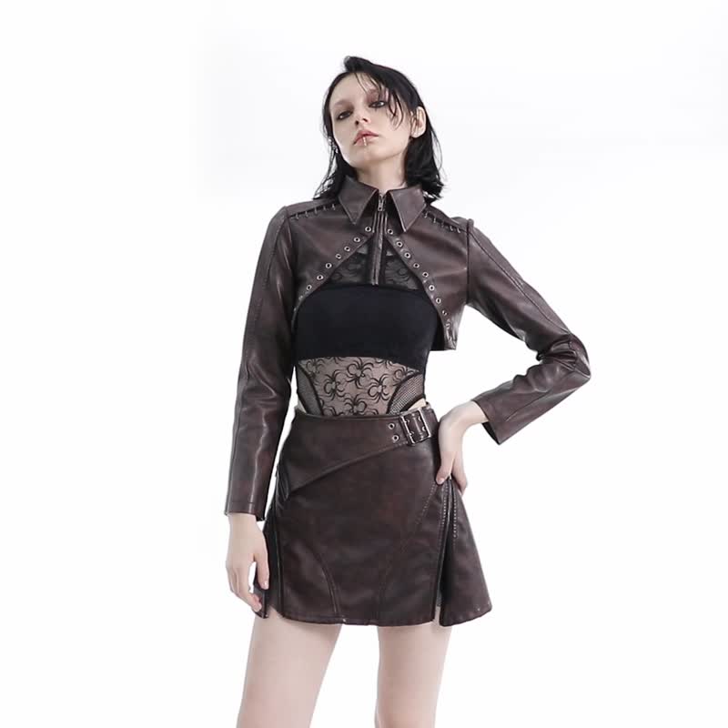 Punk Templar Leather Short Jacket - Black/ Brown - เสื้อแจ็คเก็ต - วัสดุอื่นๆ สีนำ้ตาล