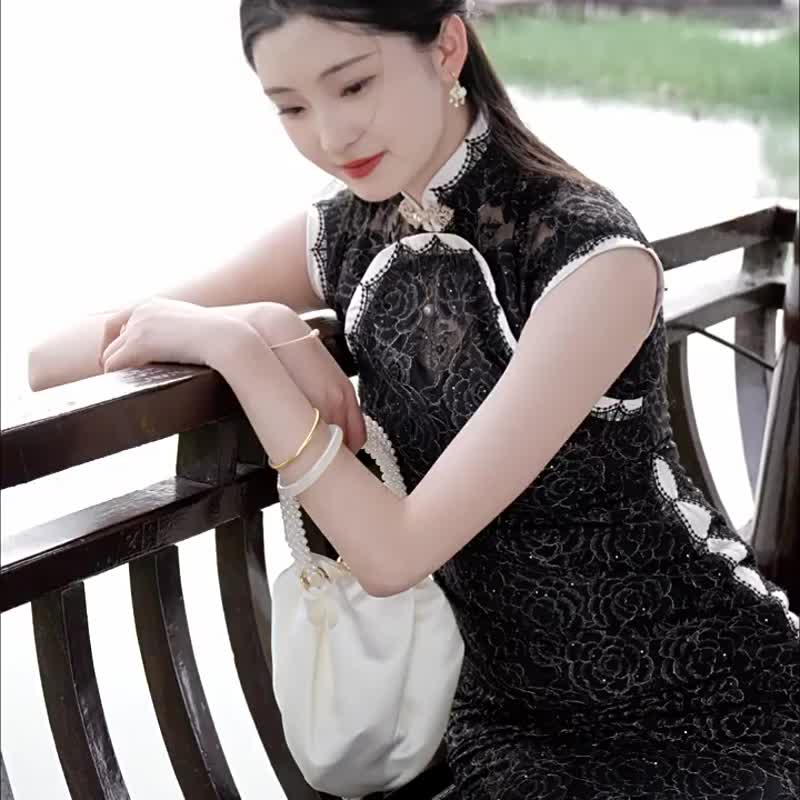 黑玫瑰2025年夏季新款重工高級感時尚修身黑色蕾絲旗袍 - 旗袍/改良式旗袍 - 其他材質 黑色