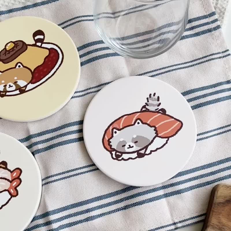 浣熊陶瓷吸水杯墊/共4款圖案 - 杯墊 - 陶 多色