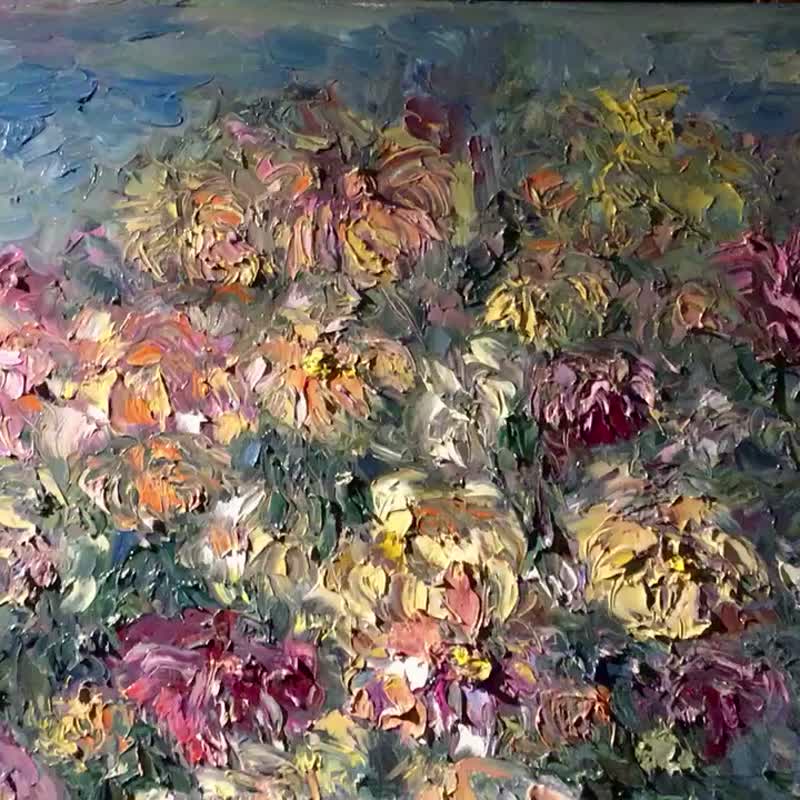 Chrysanthemums in a vase original oil painting - 壁貼/牆壁裝飾 - 其他材質 粉紅色