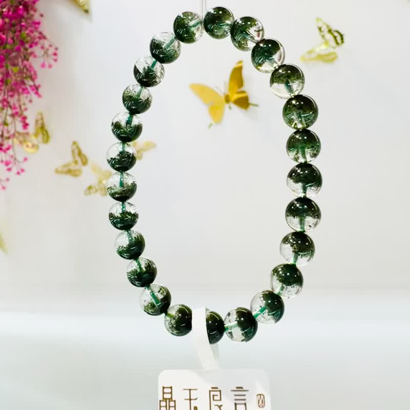 精品玻璃體濃色招財半盆森林綠幽靈水晶7mm12.7g主正財事業貴人助 - 手鍊/手環 - 水晶 綠色