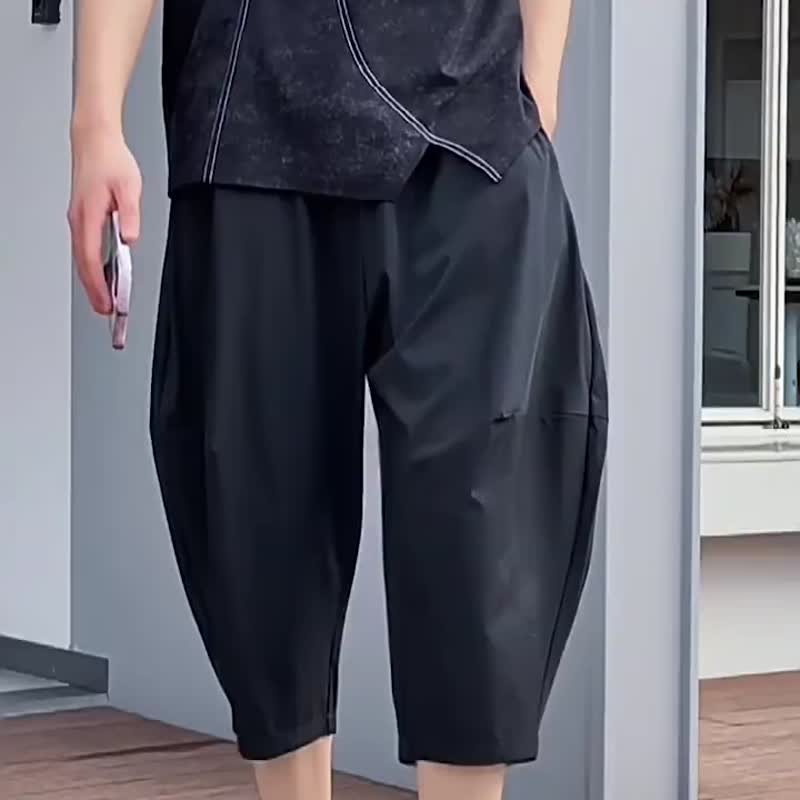 【推薦】夏季黑色七分褲 裁魂系列男士男士休閑哈倫短褲 - 男短褲/工作短褲 - 聚酯纖維 黑色
