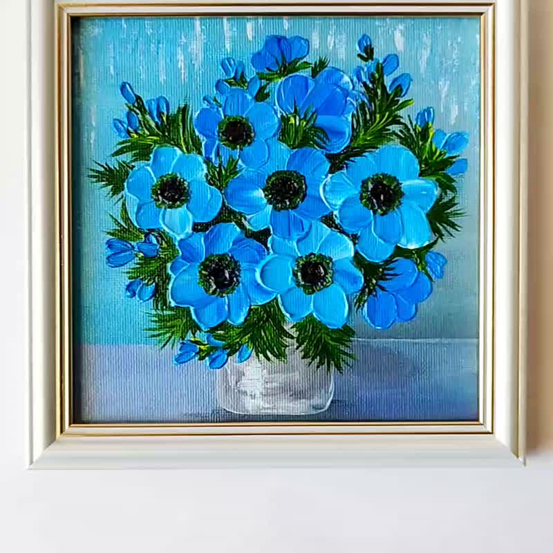 花束藍色海葵繪畫。藍染牆面裝飾畫藝術品。質感小畫 - 壁貼/牆壁裝飾 - 壓克力 藍色