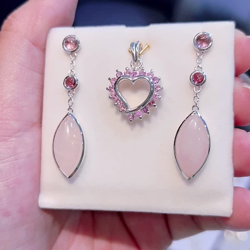Pink topaz and Rose quartz earring and Pendent set - 耳環/耳夾 - 純銀 粉紅色