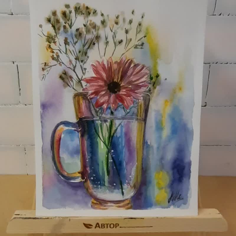 Flower painting Original watercolor painting Still life Gerbera daisy painting - 海報/掛畫/掛布 - 紙 多色