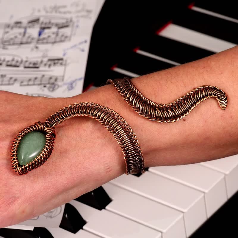 Snake cuff bracelet with aventurine Copper wire wrapped bangle Egyptian style - Bracelets - Gemstone Green