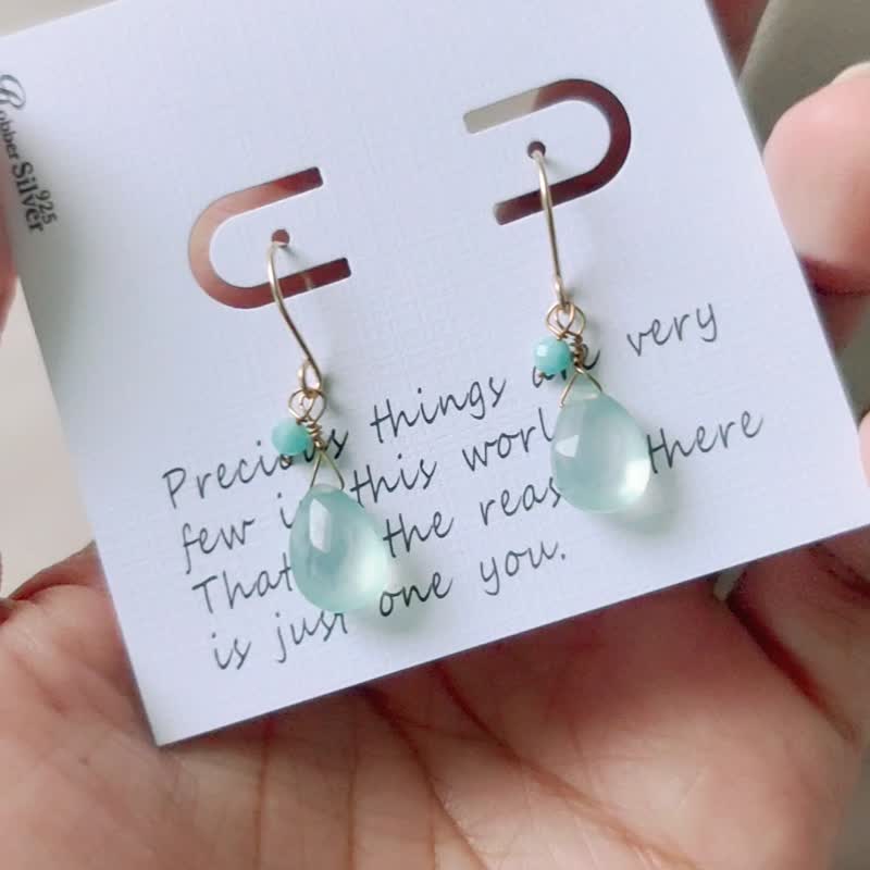 SV925/14KGF AAA Aqua Chalcedony Amazonite Earrings (Clip on), May Birthstone - ต่างหู - คริสตัล สีเขียว