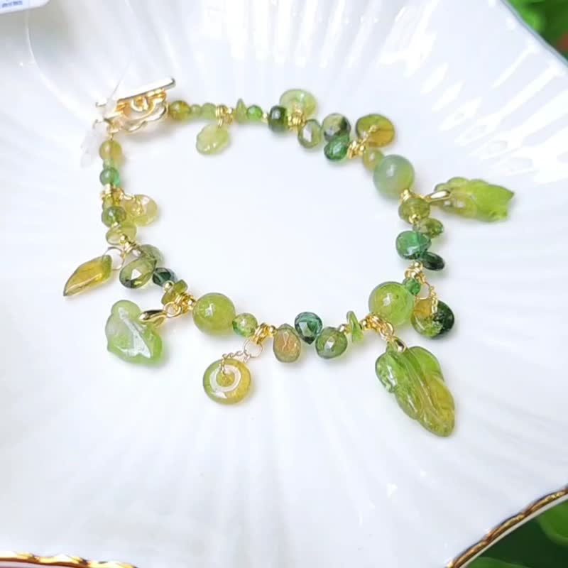 稀有黃綠西瓜碧璽 葉 金魚 如意 古錢 多寶 招財 手鍊 單品 禮物 - 手鍊/手環 - 寶石 綠色