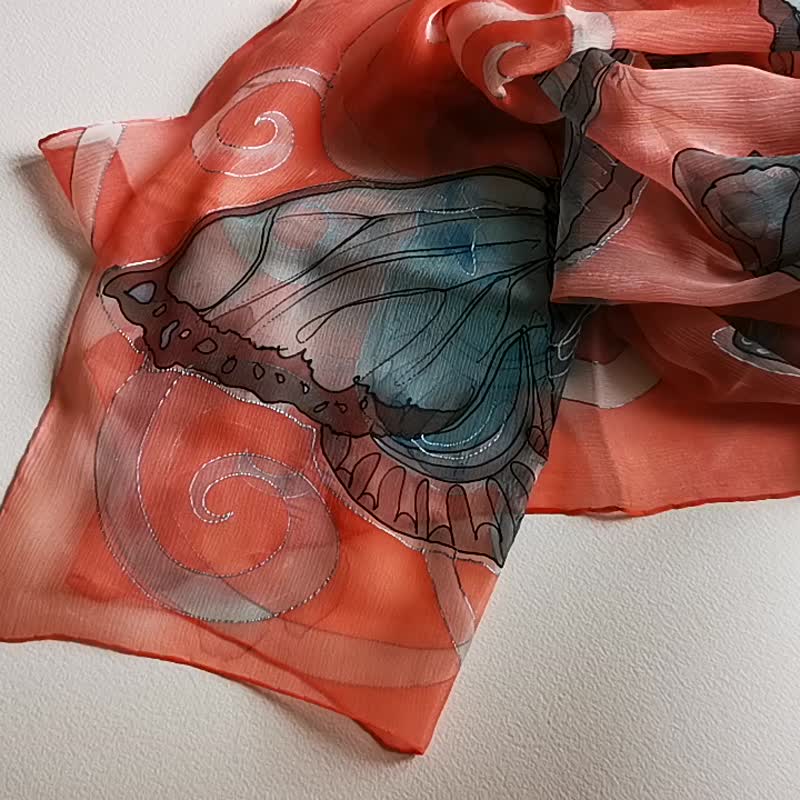 Butterfly Silk Chiffon Scarf Hand painted | Salmon Pink, Butterfly accessory - ผ้าพันคอ - ผ้าไหม หลากหลายสี