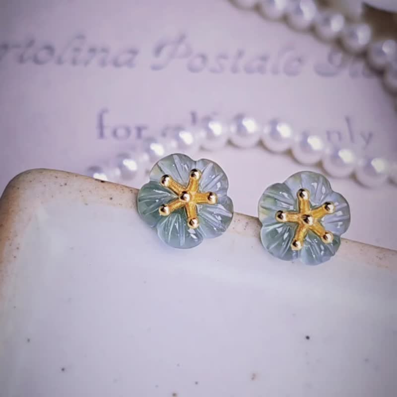 Youqianhua|Dreamlike ice gel glowing blue plum blossom|A-grade jadeite pure silver simple earrings - Earrings & Clip-ons - Jade 