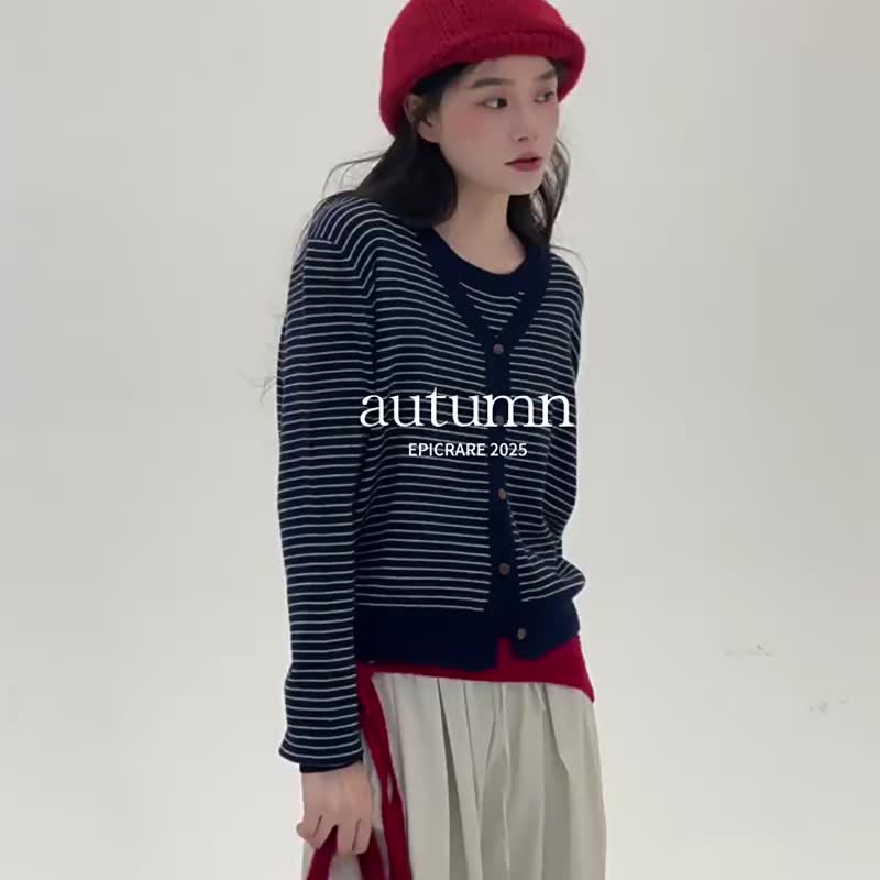 3顔色 文藝風條紋紐扣兩件套 文藝休閒復古針織外套內搭背心 - 背心/無袖上衣 - 其他人造纖維 灰色