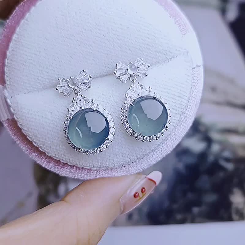 Noble and Prosperous | Dreamy Ice Blue | Grade A Jadeite Ice Blue Large Egg Face 10.2mm Pure Silver Earrings - ต่างหู - หยก 