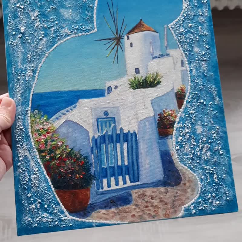 Cat silhouette mixed media art, Santorini original wall art, windmill painting - Wall Décor - Eco-Friendly Materials Multicolor