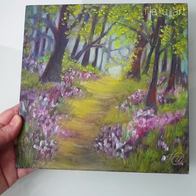 Forest Painting Landscape Original Art Lavender Artwork Trail Oil Painting 20x20 - 海報/掛畫/掛布 - 其他材質 綠色