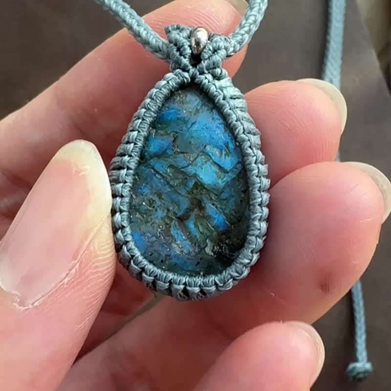 CSP84 民族風 蠟線編織 拉長石原礦 不鏽鋼珠 頸鏈 (可調長度) - 項鍊 - 寶石 灰色