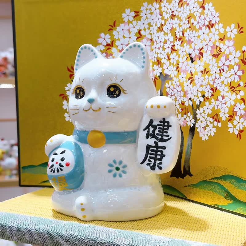 【白晶健康】日本清水燒招財貓 | 達摩花結晶 - 白健康 - 擺飾/家飾品 - 瓷 白色