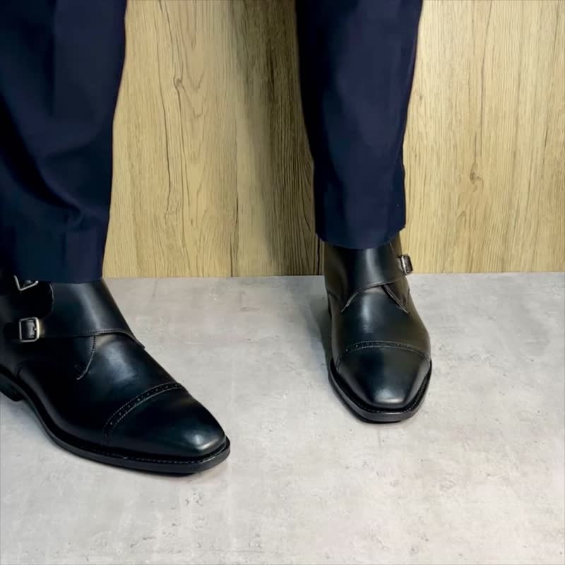 Handmade Goodyear Welt Monk Boots Bespoke Customize - รองเท้าบูธผู้ชาย - หนังแท้ สีดำ