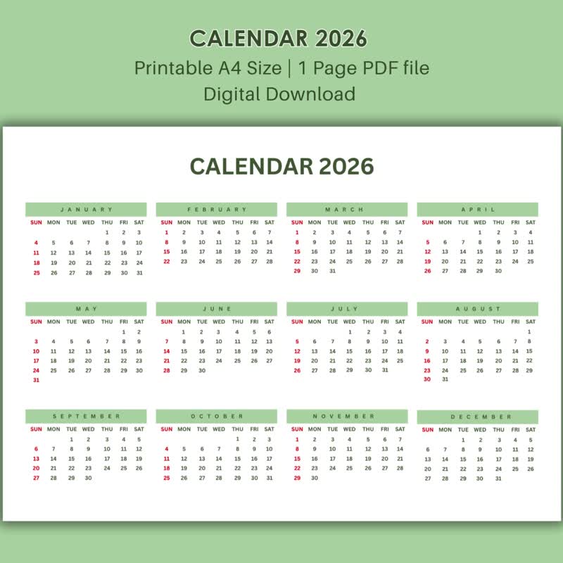 Minimalist 2026 Printable Calendar A4 Size | 1 Page PDF File | Simple Calendar - 其他數位商品 - 其他材質 