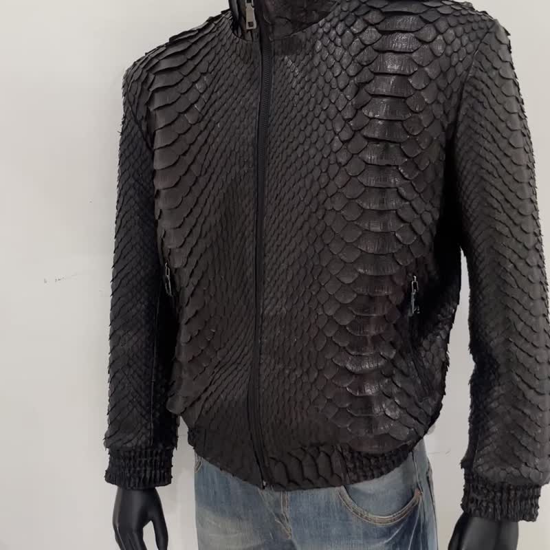 King Python Leather Bomber Jacket - 男夾克/外套 - 其他材質 黑色