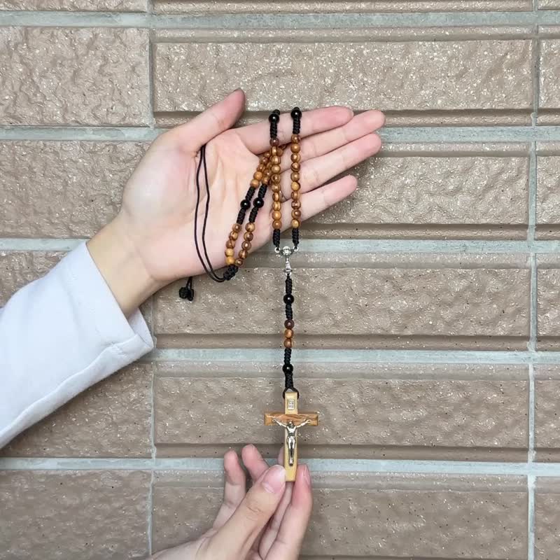 ไม้ สร้อยคอ หลากหลายสี - Necklace rosary 5mm imported olive wood beads and black agate with Holy Grail Jesus cross 8230509