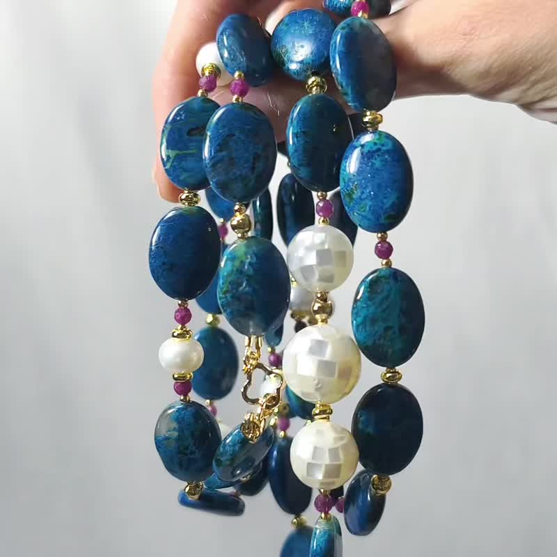Rare Top-Grade Azurite, Phoenix Stone, Ruby, Pearl, Mother-of-Pearl Inlay, Necklace-Bracelet 2-in-1, One-of-a-Kind, Gift - สร้อยคอ - เครื่องเพชรพลอย สีน้ำเงิน