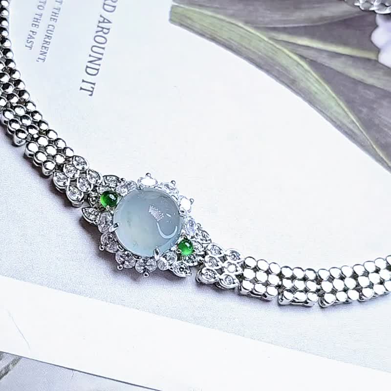 Wealth | Nobility | A-quality jadeite high ice clear blue glued floating flower large egg surface 10mm sterling silver plated luxury bracelet - Bracelets - Jade 