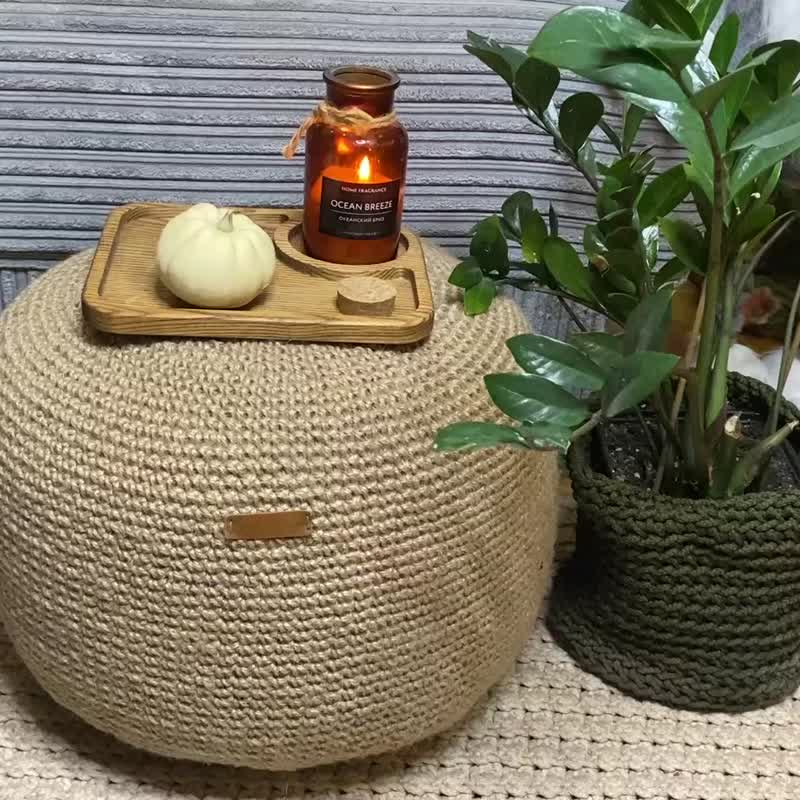 Crochet jute pouf ottoman Indoor Pouf ottoman jute Ottoman scratching post - 椅子/沙發 - 其他材質 