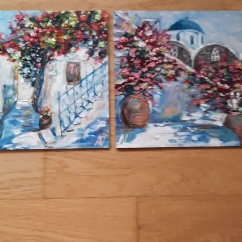 聖托裡尼藍頂教堂 原創油畫 希臘島嶼藝術 對聯畫 - 牆貼/牆身裝飾 - 木頭 