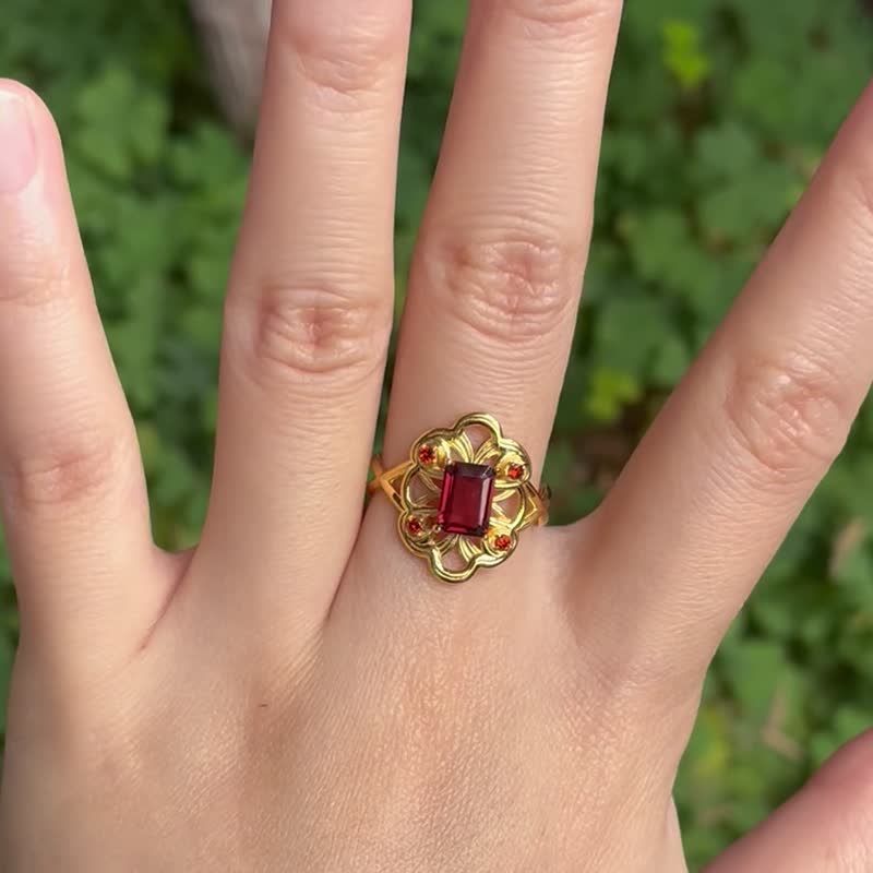 曲線花紋戒指 石榴石 925銀鍍18k金 - 戒指 - 純銀 