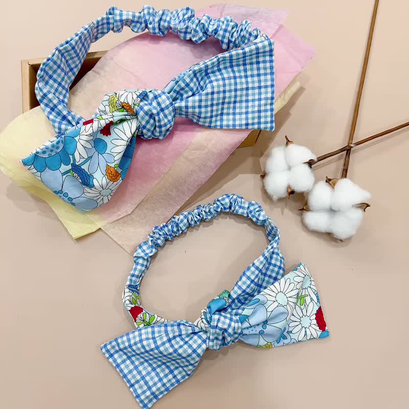 Blue Flower parent-child hair accessories set - หมวกเด็ก - ผ้าฝ้าย/ผ้าลินิน สีน้ำเงิน