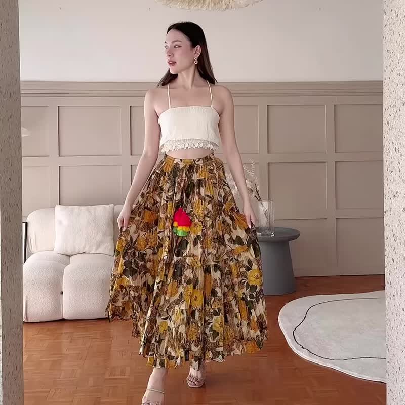 BOHO LONG MAXI SKIRT, BEACH HOLIDAY SKIRT, FLORAL PRINTED MAXI SKIRT, BEACH - 裙子/長裙 - 棉．麻 