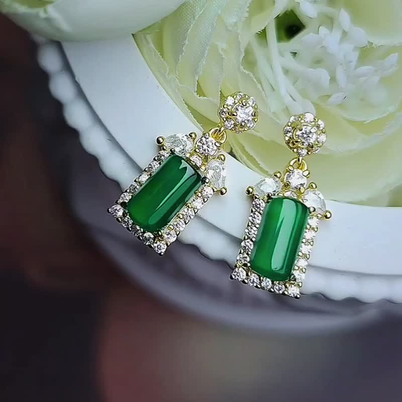 Lucky for you|Ice glass green light tube no problem brand|A grade jade old pit ice green sterling silver exquisite earrings - Earrings & Clip-ons - Jade 