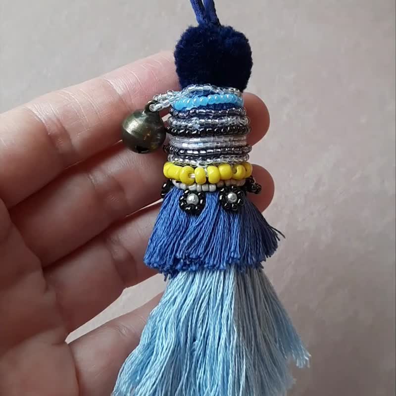 Bag Charm Blue Tassel - 掛繩/吊繩 - 棉．麻 藍色